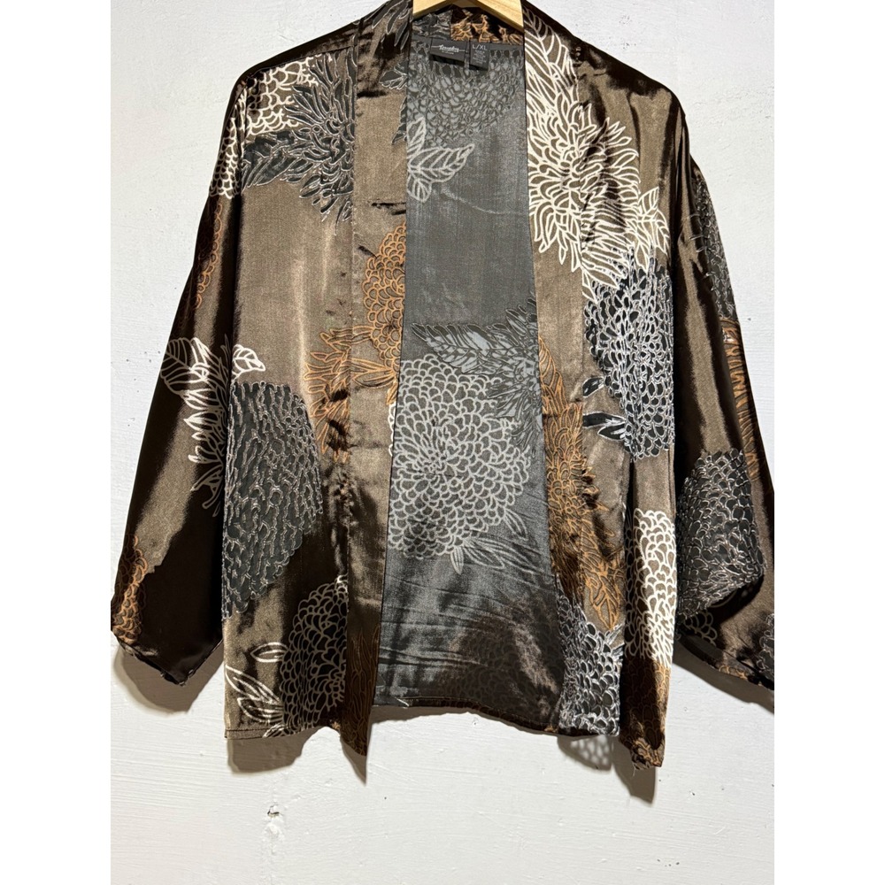Chicos Travelers Silk Blend Kimono Jacket Brn. Metallic Floral Burnout L/XL Boho